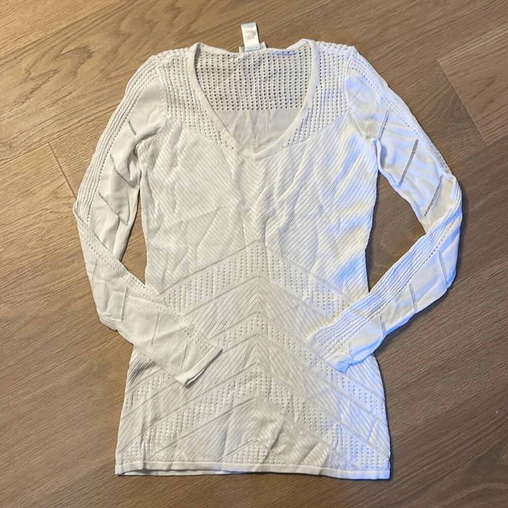 CACHE White Open Knit Design Long Sleeve V Neck Sweater Size XS